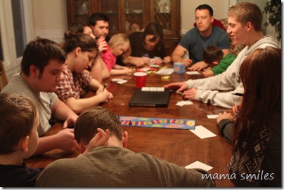 Hard at work writing goals (playing Balderdash, actually)