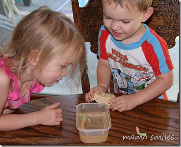 Emma and Johnny admire their growing gummy worm