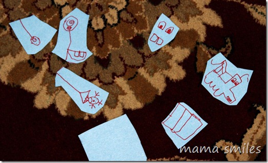 four-year-old drawings, including Tow Mater and Angry Birds