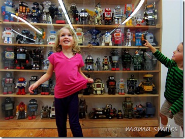 Johnny and Emma admire toy robots in the Vermont Toy Museum