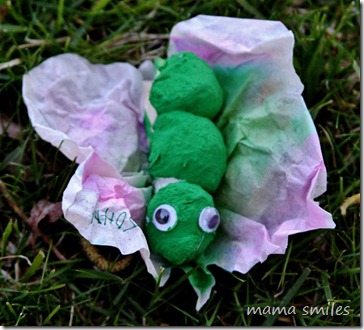 The new butterfly made with paint, coffee filter, googly eyes, cotton balls, and a clothespin