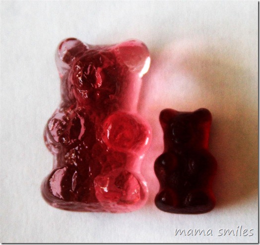 normal gummy bear and one that has sat in water overnight