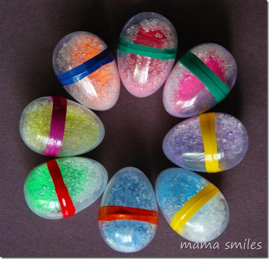 fancy shaker eggs filled with colored sand and poly pellets
