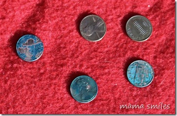 The side of the pennies that was face-up from the vinegar turned green