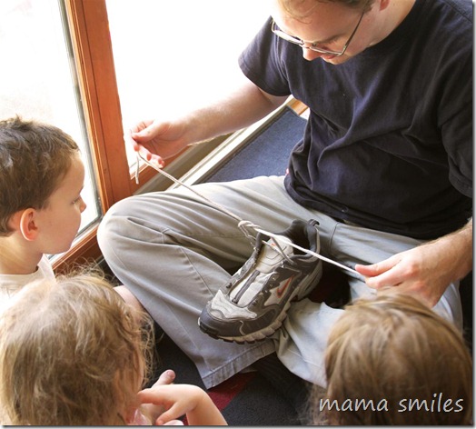 learning how to tie a shoe