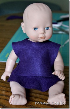 Emma's doll wearing no-sew felt doll clothes
