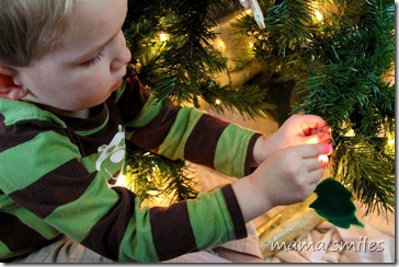 Johnny hangs a Christmas tree ornament