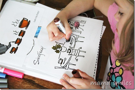 coloring a scene from "Lott's Tea Party"