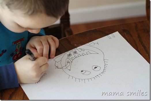 5yo drawing of brushing germs off teeth
